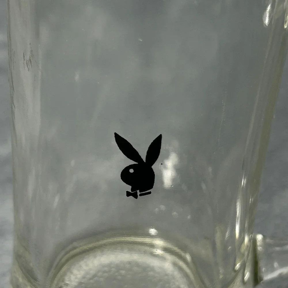 Vintage Playboy Clear Glass Beer Mug Black Bunny Logo Weighted Base 6.25in